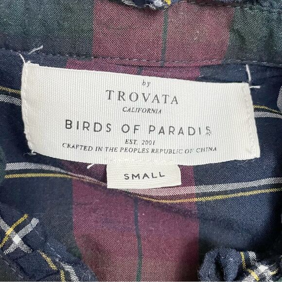 Trovata Birds of Paradis Caroline Ruffle Cuff Blouse Wine Navy Plaid Size Small - Picture 9 of 12